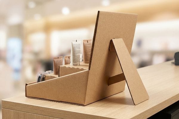 Brown corrugated cardboard display counter with an extended easel back, holding cosmetic tubes on a retail checkout counter.