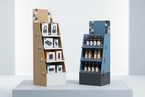 Retail Merchandising Displays A minimalist showroom features two freestanding retail display stands: a brown cardboard unit with boxed electronics and a blue unit with bottled beverages.