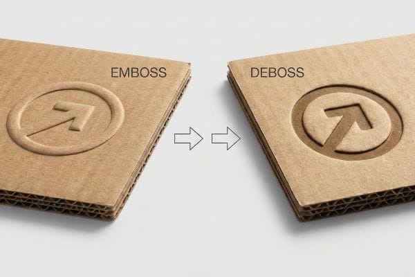 Corrugated cardboard samples demonstrating an Emboss logo with a raised arrow and a Deboss logo with an indented arrow, highlighting tactile differences.