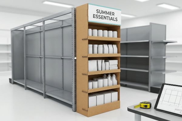 Brown cardboard endcap display with 'Summer Essentials' header and white products, next to empty metal gondola shelving.