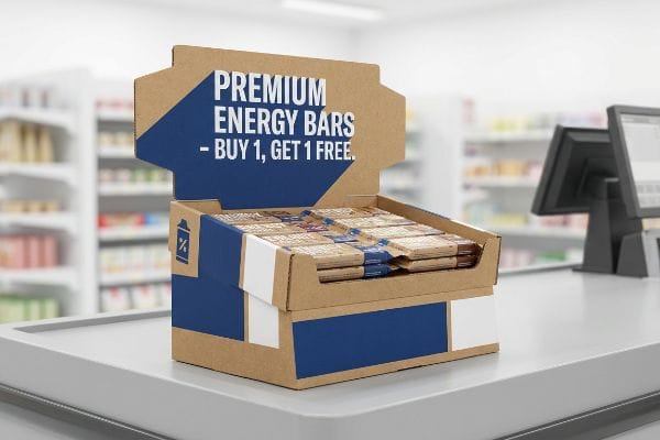 Cardboard point of sale display for Premium Energy Bars - Buy 1, Get 1 Free, with blue and white graphics on a retail counter.