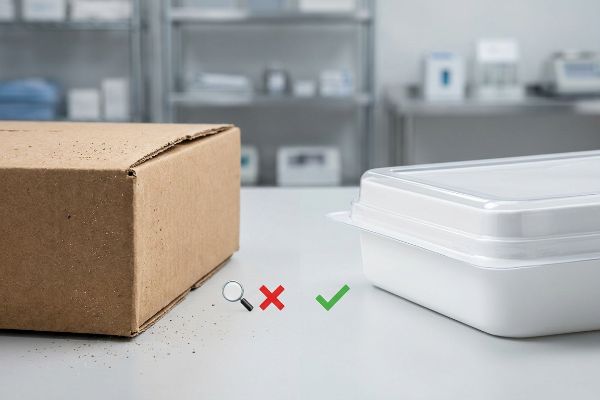 Dusty cardboard box, clean plastic container, comparing hospital contamination risk to sterile packaging.