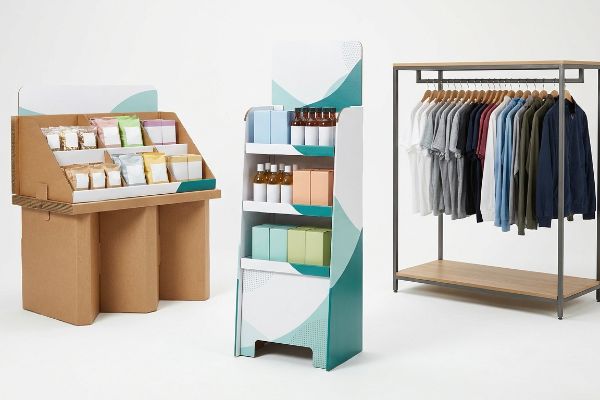 A studio shot features a corrugated cardboard countertop display with packaged snacks, a white floor-standing unit with bottles and boxes, and a metal and wood apparel rack.