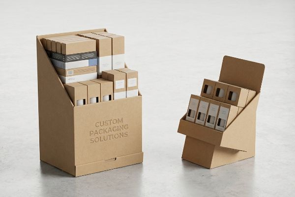 Brown kraft paperboard floor display with 'Custom Packaging Solutions' and a smaller countertop unit, both filled with product boxes.
