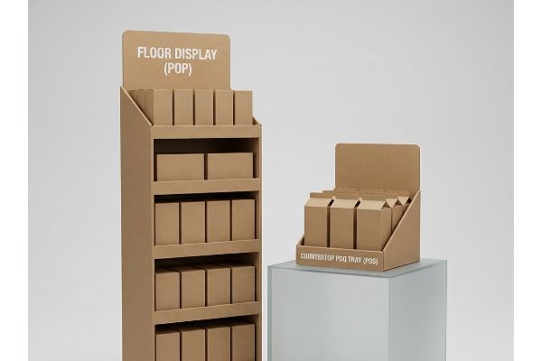 Natural brown corrugated cardboard Floor Display (POP) and Countertop PDQ Tray (POS) with brown boxes.