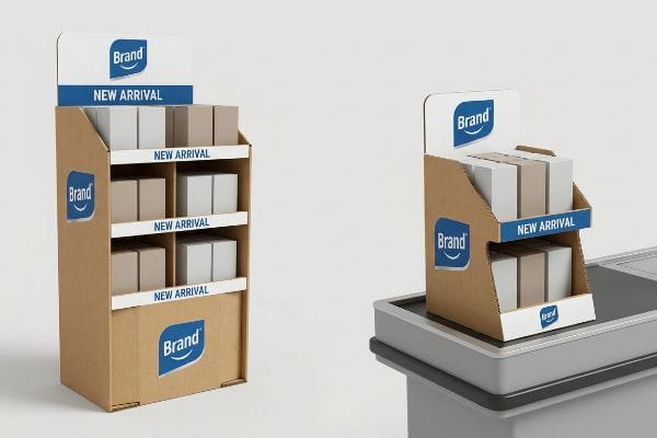 Corrugated cardboard floor and countertop POP displays, branded 'Brand' with 'New Arrival' banners.