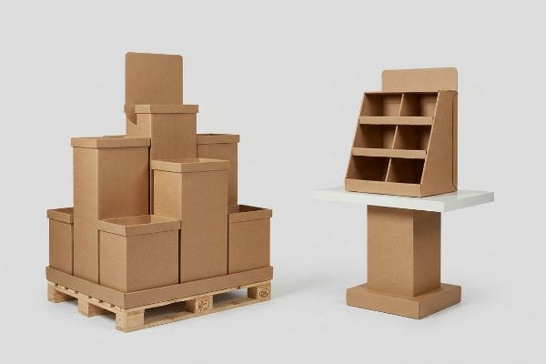 Présentoir de sol PLV à plusieurs niveaux en carton ondulé brun sur une palette en bois à côté d'un comptoir de point de vente à six compartiments sur un piédestal blanc.