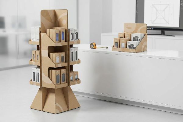 Kraft cardboard multi-tiered floor display and counter POS unit, filled with product boxes, in a modern office.