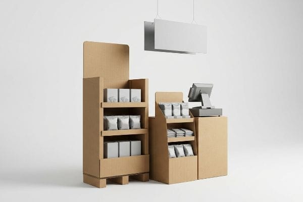 Cardboard POSM Displays Brown corrugated cardboard floor and checkout counter POSM displays with white product packages and a register.