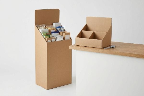 Cardboard Floor Display Brown corrugated cardboard freestanding floor display, filled with various small packaged food items, ideal for POP retail merchandising.