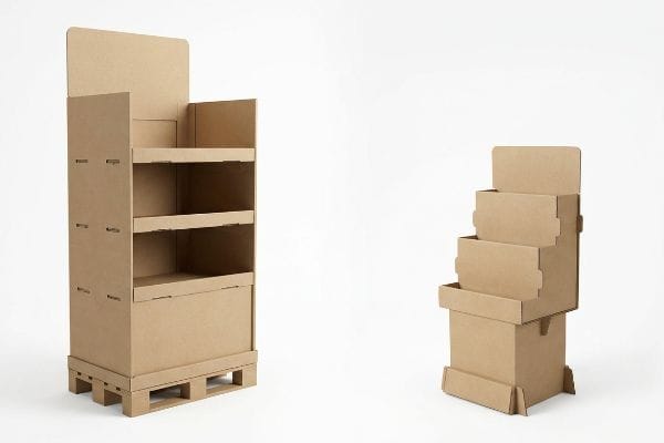 Brown corrugated cardboard floor merchandiser featuring three open shelves and a sturdy pallet-style base, designed for retail product display.