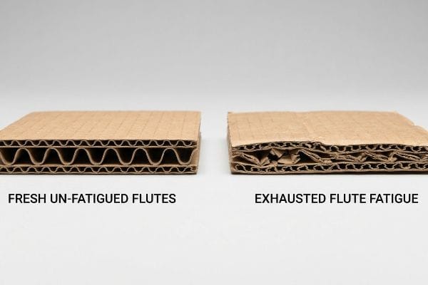 Corrugated cardboard cross-sections comparing Fresh Un-Fatigued Flutes with Exhausted Flute Fatigue, showing structural degradation.