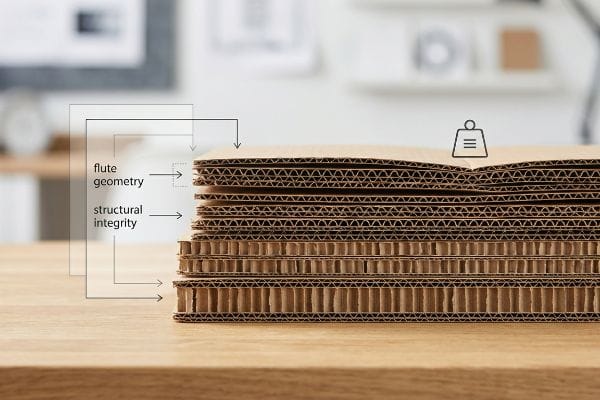 Stacked corrugated cardboard layers reveal flute geometry and structural integrity, with a weight icon symbolizing heavy-duty capacity.