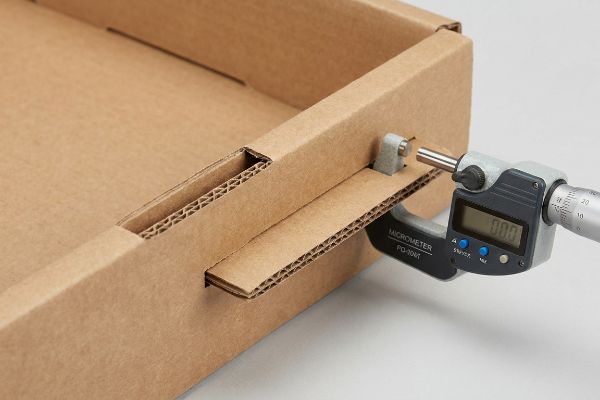 Un micromètre Pd-100t mesure l'épaisseur des cannelures du carton ondulé, affichant 0,00 pour une compensation précise du calibre.