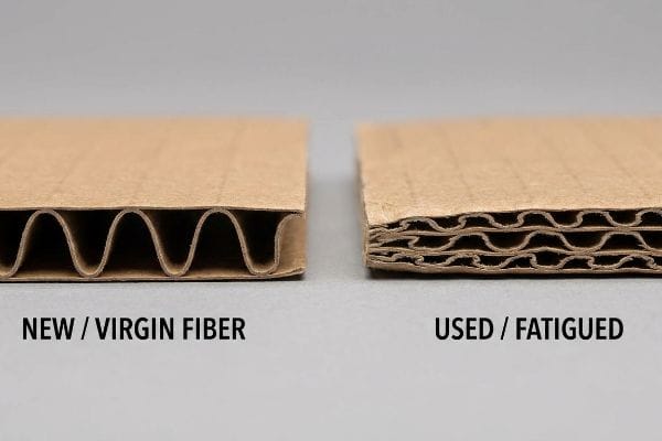Cross-section comparison of corrugated cardboard showing New / Virgin Fiber with intact fluting versus Used / Fatigued material with compressed, damaged fluting.