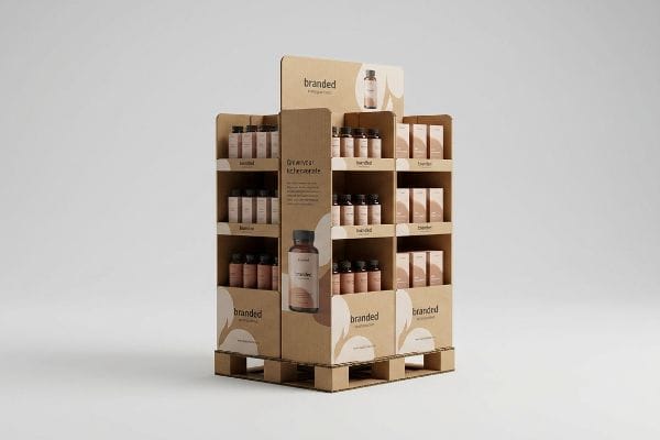 Fractional Pallet Merchandiser Kraft cardboard fractional pallet merchandiser displaying 'branded' cosmetic bottles and boxes on a wooden pallet base.