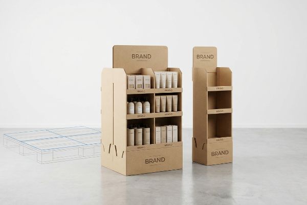 Natural kraft cardboard floor merchandisers, one stocked with Brand cosmetics, next to a smaller unit and a quarter pallet outline.