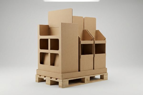 Natural kraft corrugated cardboard fractional pallet display on a wooden GMA base, featuring multiple empty compartments for retail POSM.