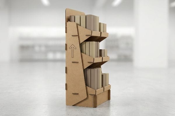 A retail floor merchandiser, a corrugated cardboard FSDU, displays light brown boxes on three shelves, marked with an Up arrow.