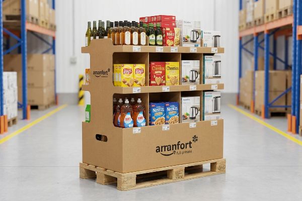 Warehouse aisle features a cardboard full-pallet display, stocked with Lay's, Cheerios, Nesquik, and kettles, branded Arranfort.