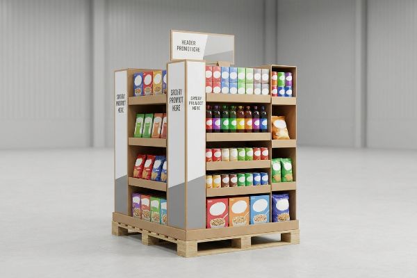 A full-pallet display, constructed from cardboard, presents diverse packaged goods on shelves, featuring a