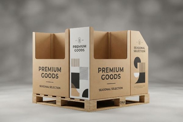 Corrugated cardboard quarter-pallet display featuring