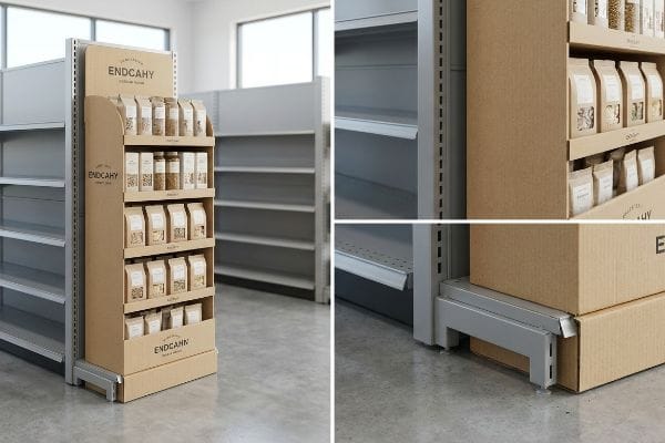 Kraft cardboard Endcahy endcap display fits precisely with gray metal gondola shelving and base in a retail aisle.