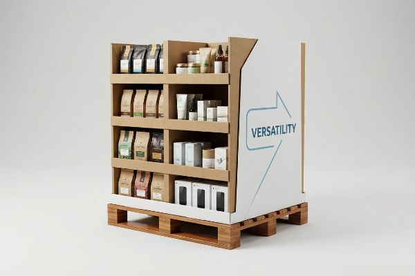 A kraft cardboard half-pallet display, featuring 'Versatility' text, filled with coffee bags and cosmetics on a wooden pallet.