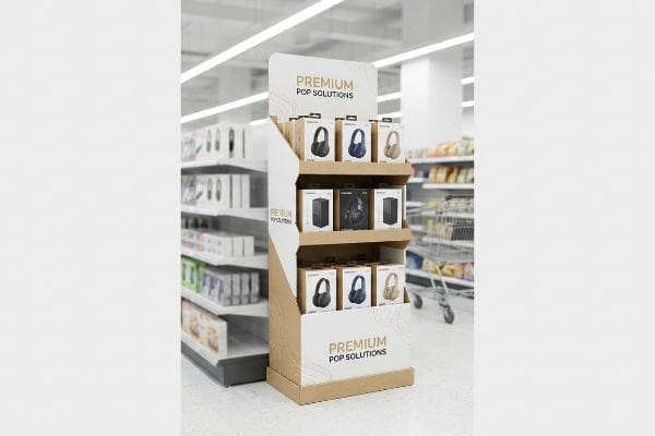 A retail store aisle features a corrugated cardboard POP display showcasing Premium Pop Solutions headphones in black, blue, and gold boxes.