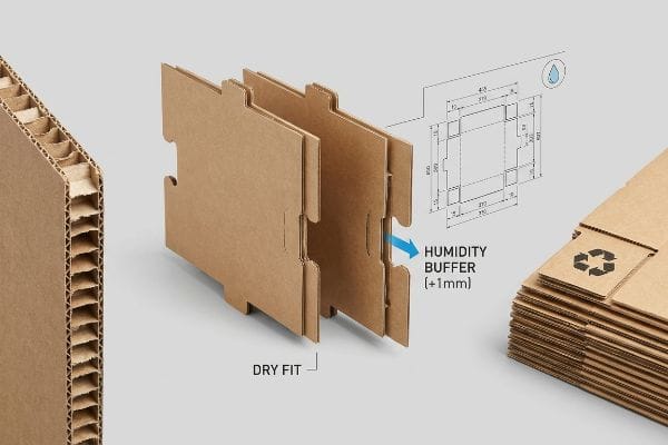 Corrugated cardboard cross-section next to interlocking pieces showing Dry Fit and a Humidity Buffer (+1mm) with a dieline and stacked flat-packs featuring a recycling symbol.