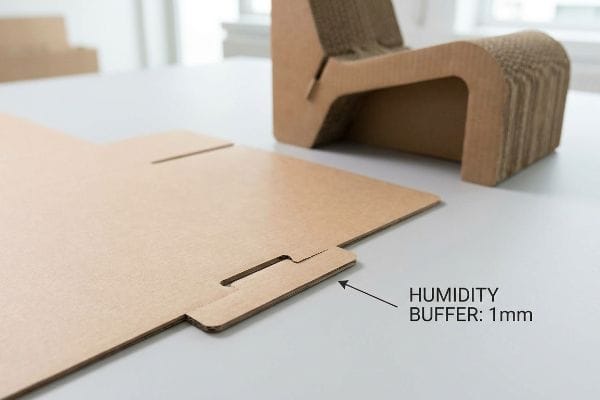 Flat-packed cardboard panel with an interlocking slot featuring a 1mm Humidity Buffer, next to a corrugated cardboard chair.