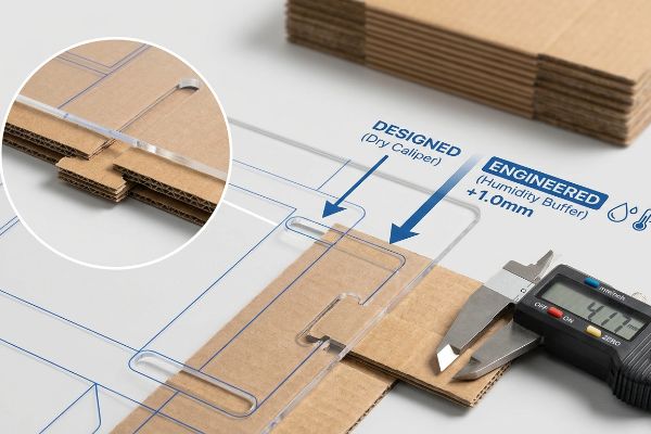 Corrugated cardboard measured by a digital caliper at 4.17mm, with a CAD template illustrating Designed (Dry Caliper) versus Engineered (Humidity Buffer) +1.0mm slot tolerances.
