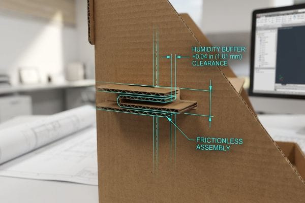 Corrugated cardboard display showing a humidity buffer of +0.04 in (1.01 mm) clearance for frictionless assembly, with technical overlay graphics.