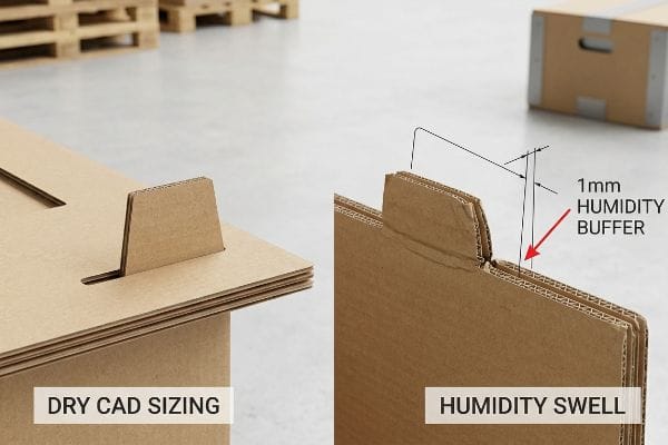 Corrugated cardboard packaging tabs and slots illustrate dry CAD sizing versus humidity swell, highlighting a 1mm humidity buffer for frictionless assembly.