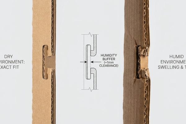 Corrugated cardboard interlocking tabs: dry environment exact fit, 1mm humidity buffer diagram, and humid environment swelling and tearing.