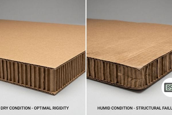 Brown corrugated cardboard comparison: optimal rigidity in Dry Condition versus structural failure in Humid Condition with 85% humidity.