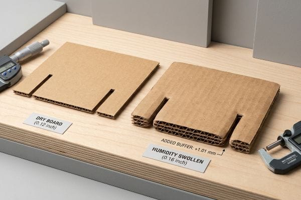 Corrugated cardboard samples illustrate dry board (0.12 inch) versus humidity swollen (0.16 inch) with a +1.01 mm buffer, measured by micrometers.