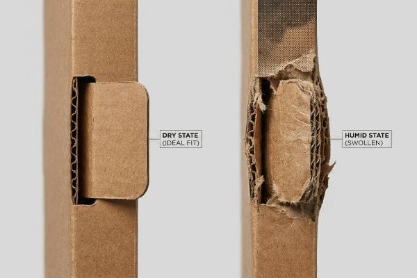 Corrugated cardboard tabs in Dry State (Ideal Fit) versus Humid State (Swollen), showing moisture-induced swelling and tearing in slots.
