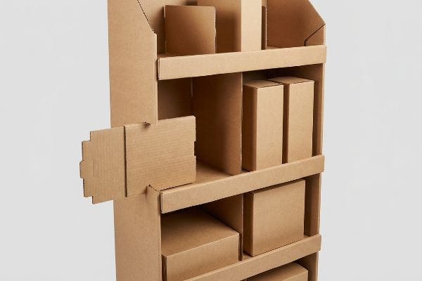 Natural brown corrugated cardboard display showcasing interlocking modular floating dividers and various brown product boxes on adjustable shelves.