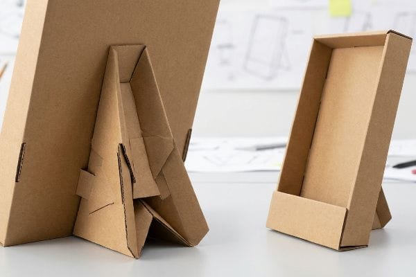 Le support chevalet en carton ondulé, conçu avec des plis imbriqués, offre une stabilité robuste à un présentoir vertical sur une surface blanche.