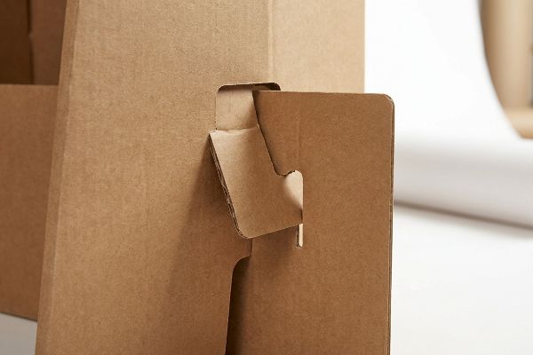 Brown corrugated cardboard shows a close-up of an interlocking paper tab joint, demonstrating a mono-material structural connection.