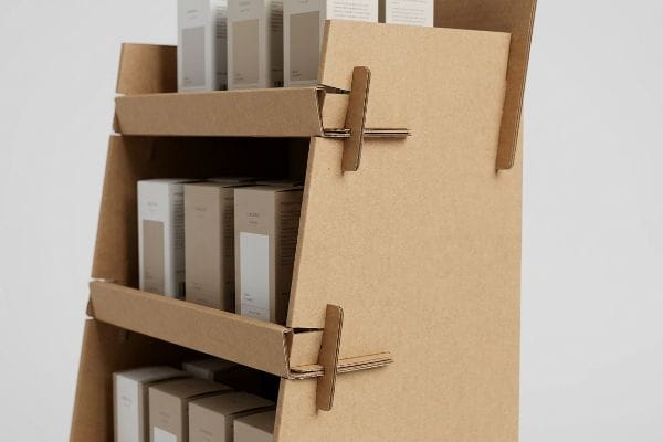 Natural brown cardboard display stand with origami-style interlocking paper locks holding shelves of retail product boxes.