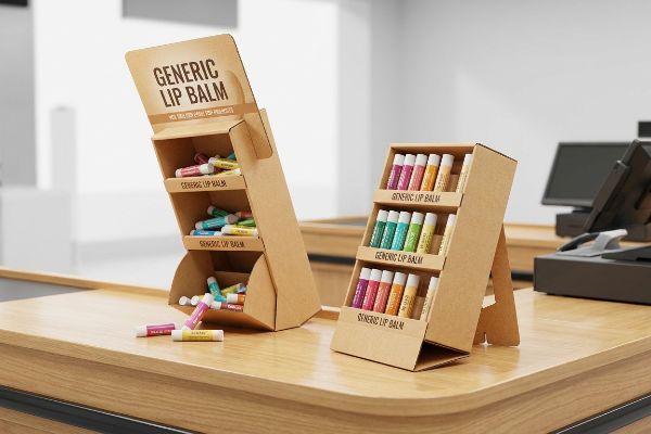 Two cardboard POS counter displays for Generic Lip Balm on a wooden checkout counter, featuring colorful lip balms.