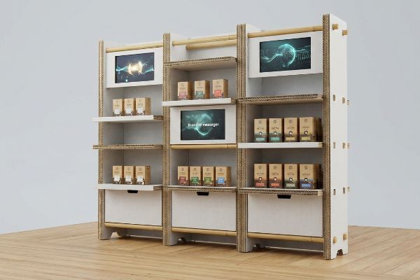 Modular cardboard display with digital screens, one showing 'Brand Message', and shelves of product boxes.