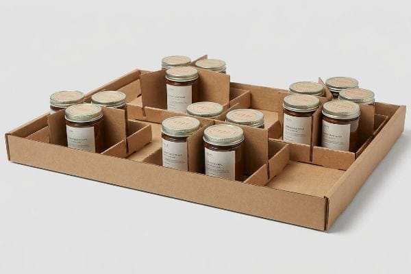 Brown corrugated cardboard display tray with modular structural dividers holding glass jars in an asymmetrical 3-5-7 layout for retail.