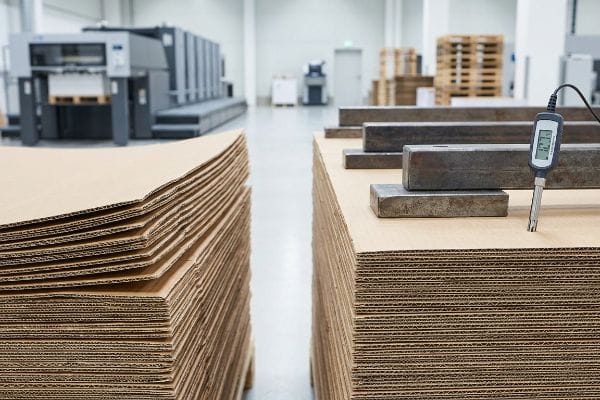 Stacks of corrugated cardboard with a digital moisture meter showing 47.9 and metal dead-weights for PVA curing.