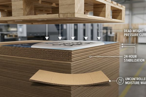 Wooden pallet applies dead-weight pressure cure to stacked corrugated cardboard, preventing uncontrolled moisture warp and ensuring 24-hour stabilization.