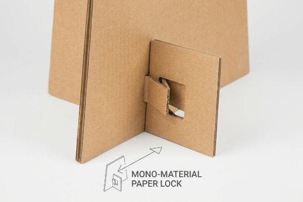 Close-up of a brown cardboard display stand's base, showcasing the Mono-Material Paper Lock interlocking mechanism.