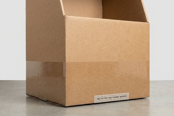 Corrugated cardboard display box featuring a 'Protective Mop Guard Barrier' label and clear poly-coat tape.