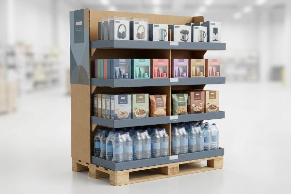 A retail store features a cardboard pallet display loaded with consumer electronics, cosmetics, bulk food items, and heavy beverages.